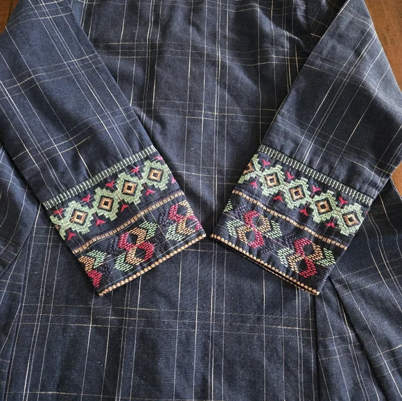 Embroidered Cotton Linen Fabric Denim Blue V Neck Top Size 12 Medium - Picture 5 of 6